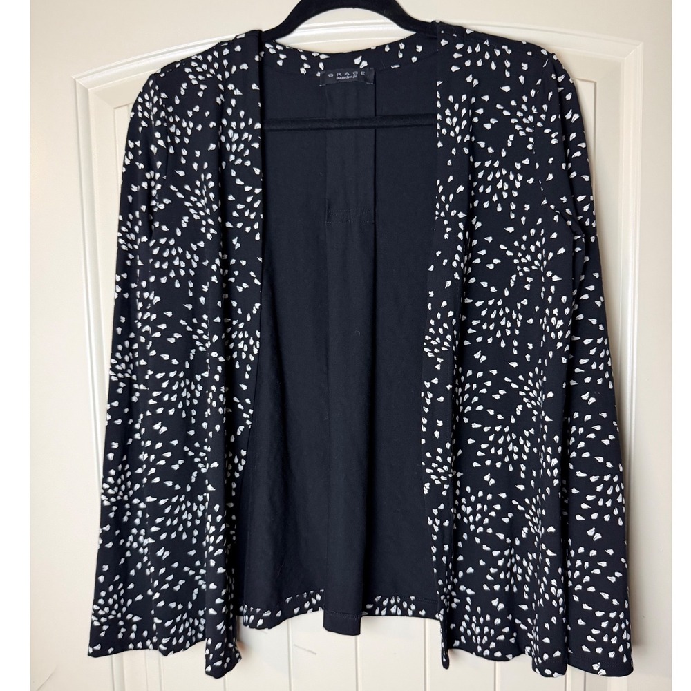 Grace The Perfect Fit Cardigan Womens XS Black White Abstract Open Front Pleat